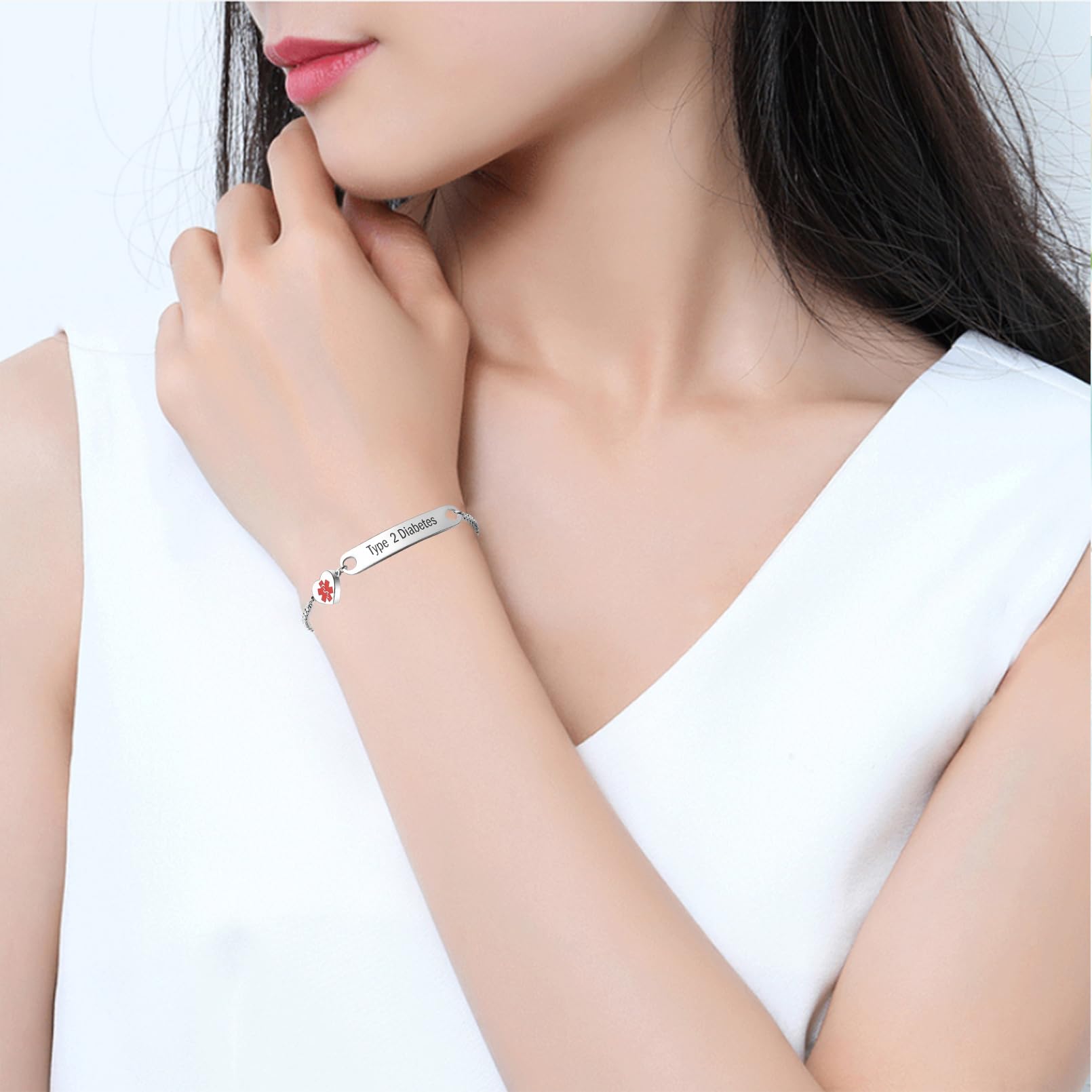Heart Medical Alert ID Bracelet for Women - Stainless Steel Adjustable Emergency Health Bracelet with Engraved Info - Perfect for Seniors, Allergies & Medical Conditions (Ideal for Daily Wear & Travel Safety)