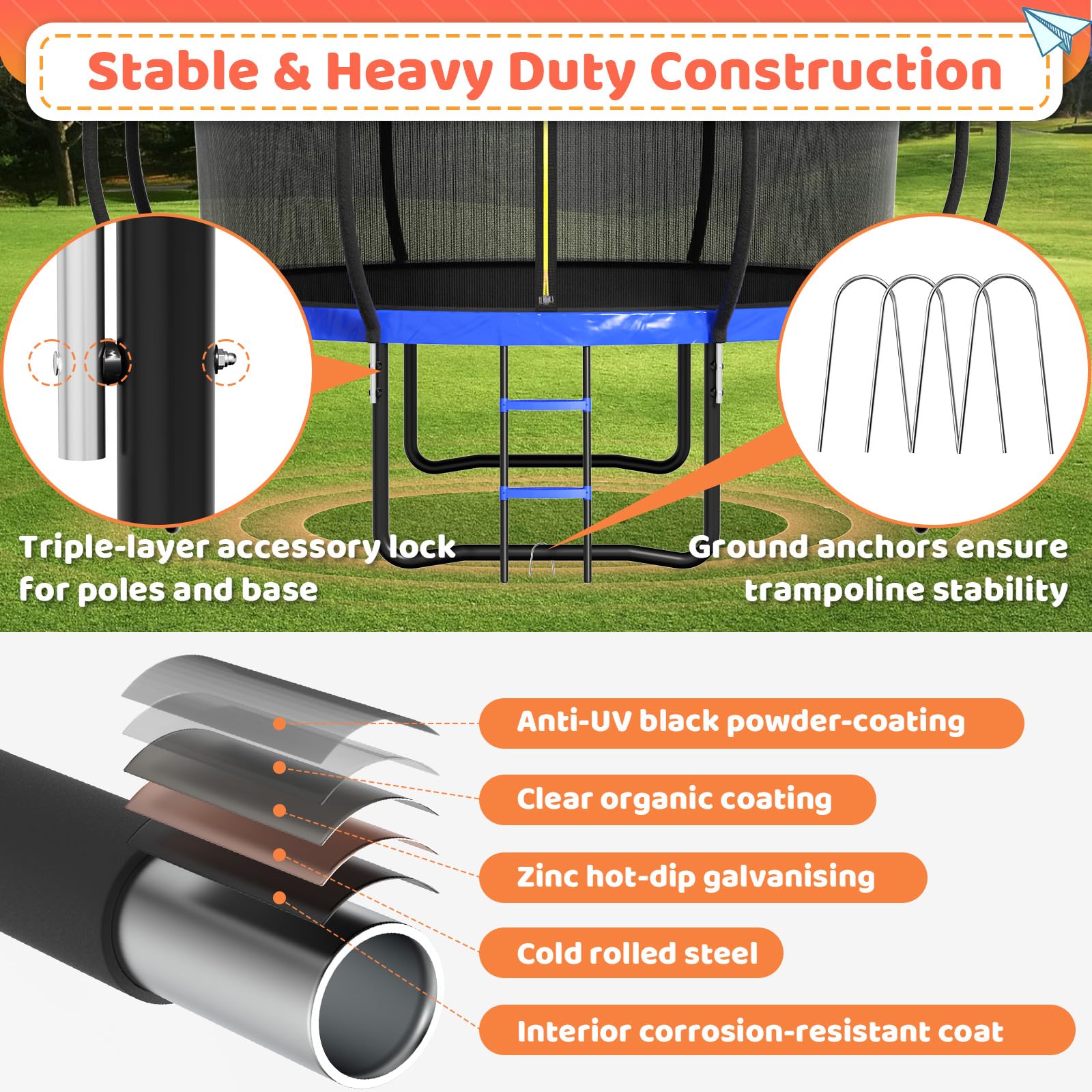 8FT 10FT 12FT 14FT 16FT Outdoor Trampoline for Kids & Adults - Pumpkin Shape with Safety Net, Ladder & Coated Metal Frame - ASTM Approved Large Backyard Trampoline for Family Fun, Birthday Parties & Outdoor Exercise