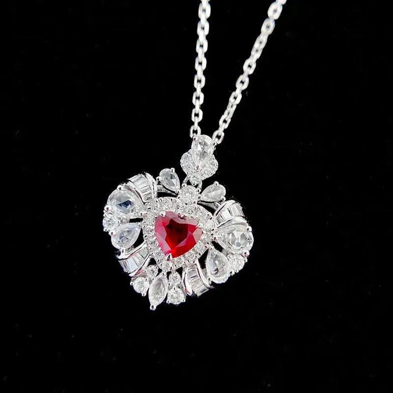18K White Gold Heart Necklace with Natural Ruby & Real Diamonds - Elegant Women's Engagement Jewelry for Anniversaries, Weddings & Special Occasions