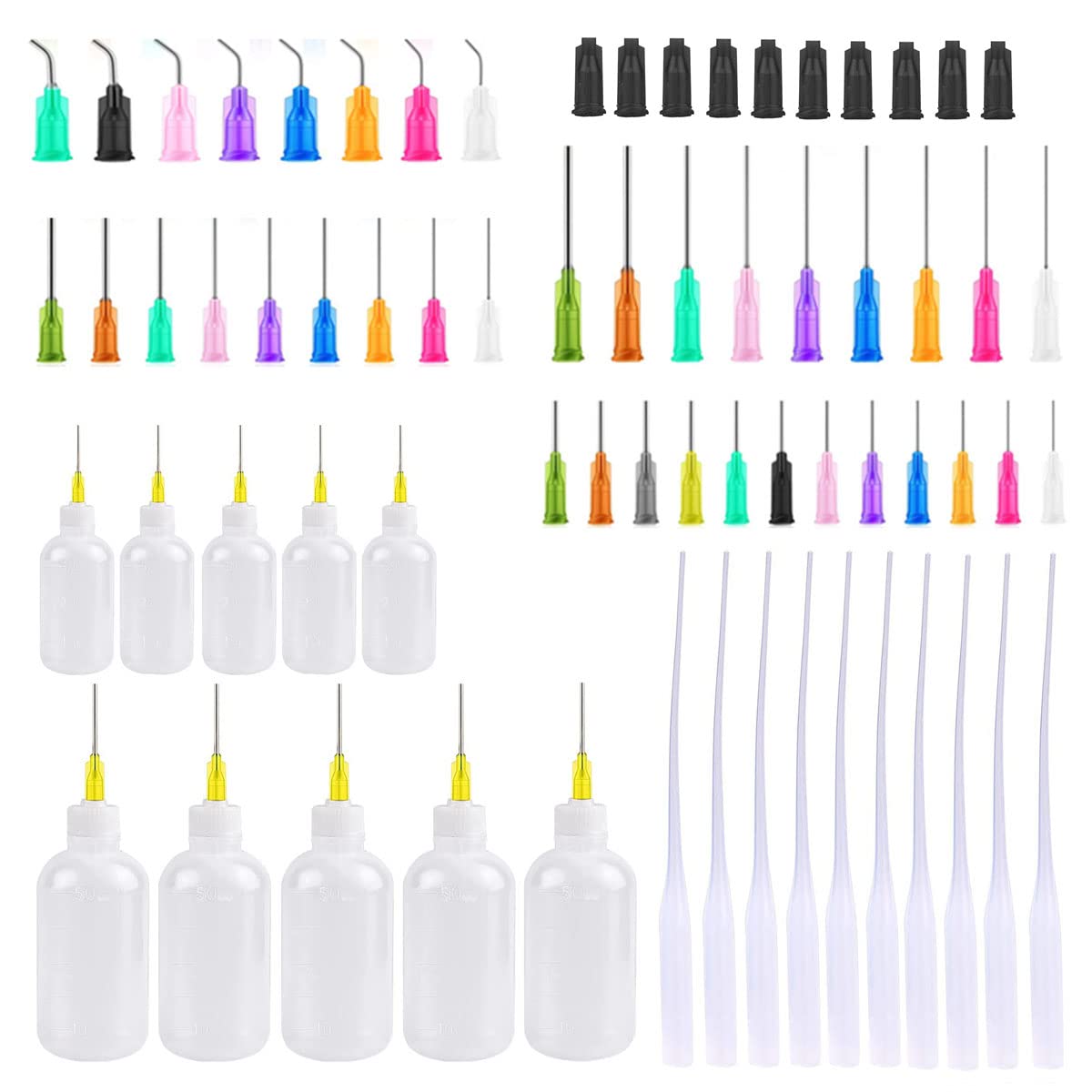 69Pcs 30ml 50ml Precision Tip Applicator Bottles Kit with 10 Squeeze Bottles, 10 Syringe Caps, 10 Glue Nozzles & 39 Dispensing Needles – Perfect for Liquid, Glue, Oil, Acrylic Paint Application in DIY Crafts, Nail Art, Model Building & Home Repairs