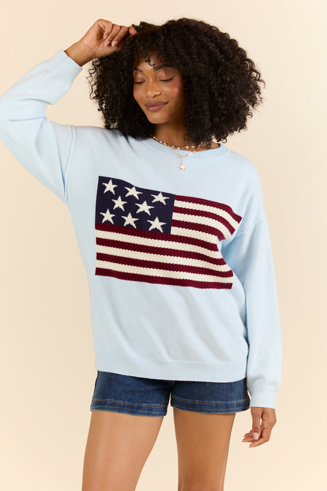 Patriotic Light Blue Textured Flag Sweater - Cozy Knit Pullover for Men & Women - Perfect for 4th of July, Veterans Day & Casual Outings