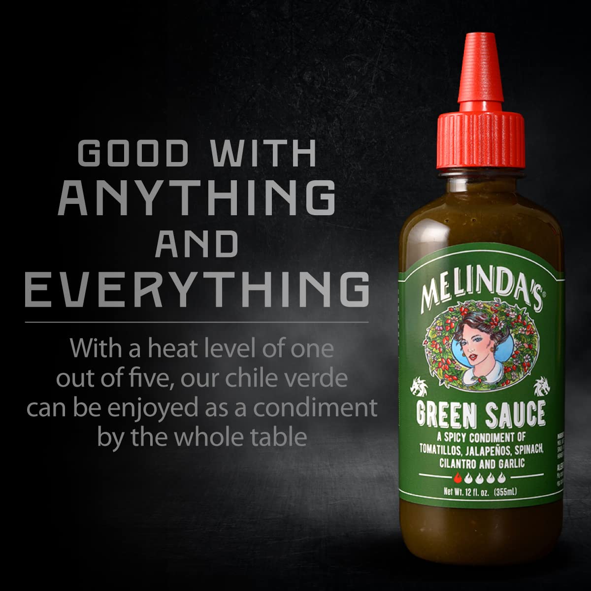 Melinda's Mild Green Chile Hot Sauce - 12 oz Bottle | Gourmet Verde Sauce with Fresh Tomatillos, Jalapeño, Spinach & Cilantro | Kosher Certified | Perfect for Tacos, Burritos, Eggs & Grilled Meats