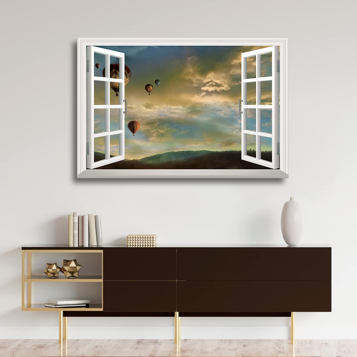 Fake Window View Canvas Art - Hot Air Balloons Wall Decor Prints for Bedroom, Living Room & Office | 32x48 Inch Gallery Wall Hanging Artwork (LT04) | Perfect for Home Decor, Gifts & Creating a Relaxing Atmosphere
