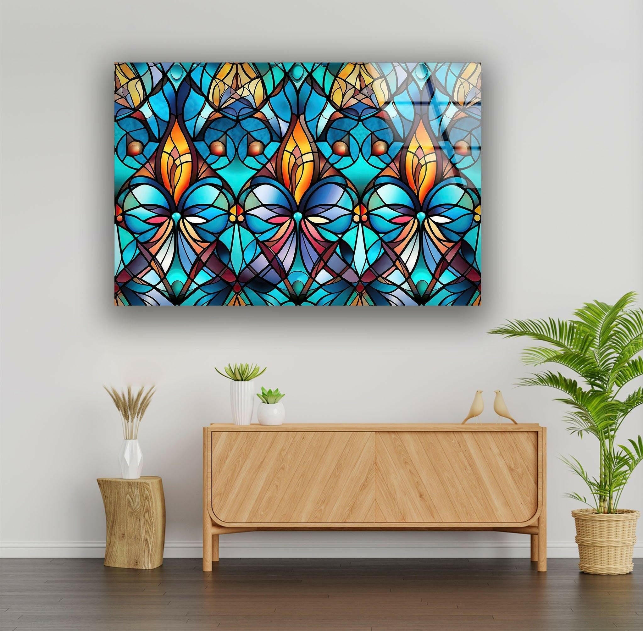 Handmade Blue Stained Glass Wall Art - Elegant Tiffany Style Window Panel Decor for Living Room, Bedroom & Church - Perfect for Home, Office & Wedding Decorations
