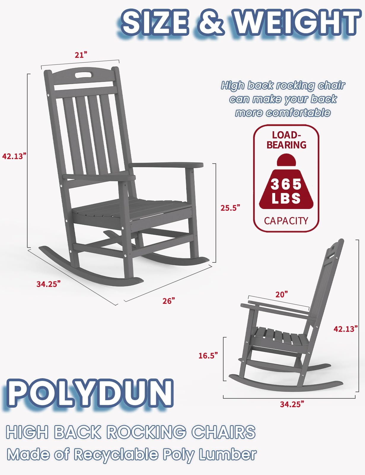 Premium HDPE Outdoor Rocking Chair - All-Weather High Back Patio Rocker for Deck, Porch, Garden & Indoor Use - Comfortable Lawn Chair for Backyard Relaxation (Slate Gray) - Perfect for Reading, Sunbathing & Enjoying Nature
