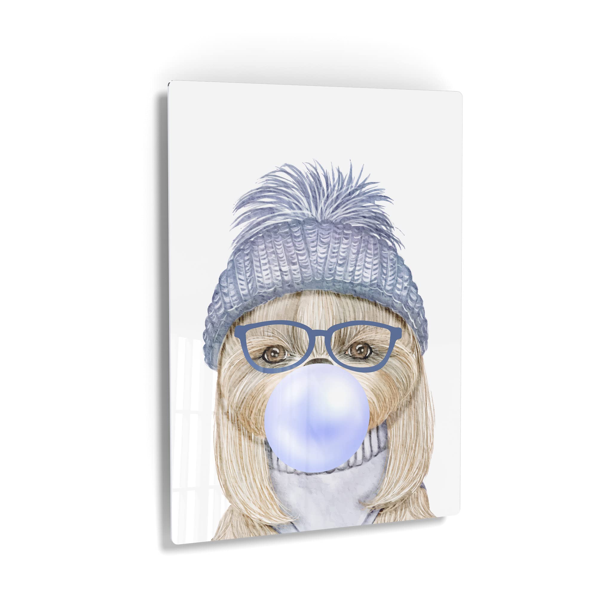 Smile Art Design Dog Portrait with Blue Hat Chewing Bubble Gum - Metal Wall Art Print for Pet Lovers, Pop Art Decor for Office, Living Room, Bedroom & Nursery (36x24) - Perfect Gift for Dog Owners & Animal Enthusiasts