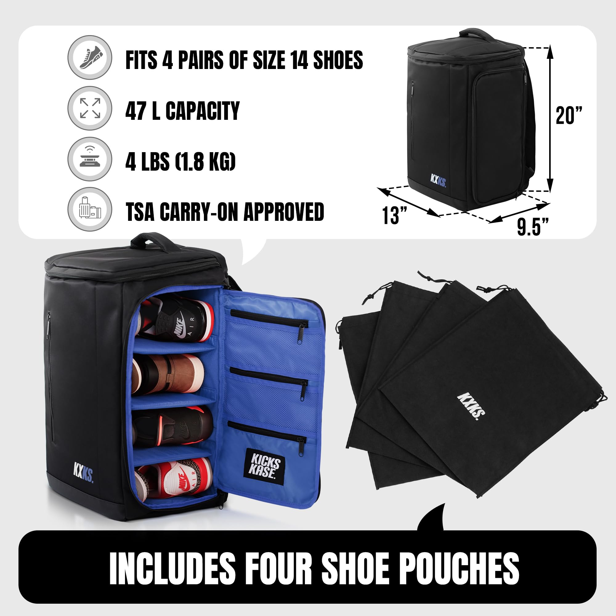 Premium Sneaker & Travel Backpack - Waterproof Gym Sports Bag for Shoes, Durable Luggage Carry-On with Separate Shoe Compartment (Black/Blue) - Perfect for Gym, Travel & Outdoor Adventures