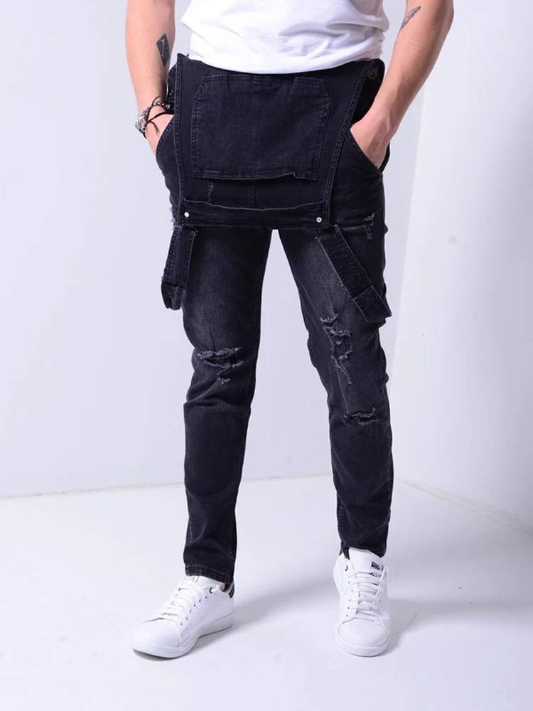 Huixin Men's Denim Overalls - Ripped Bib Jeans Slim Fitted Jumpsuit with Pockets (Black) | Casual Workwear & Street Style Outfit