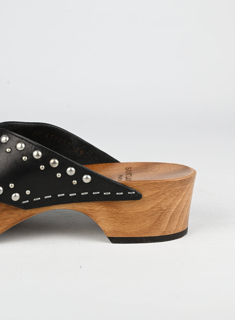 Saint Laurent Black Leather Wooden Zoccoli Shoes Size 39 - Luxury Italian Designer Loafers for Women | Perfect for Office, Parties & Casual Wear