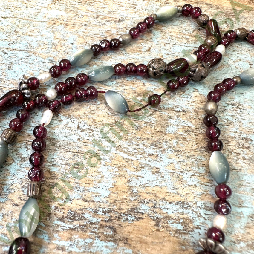 Vintage Garnet Mother of Pearl Beaded Necklace - Handmade Bohemian Jewelry for Women - Perfect for Weddings, Parties & Special Occasions