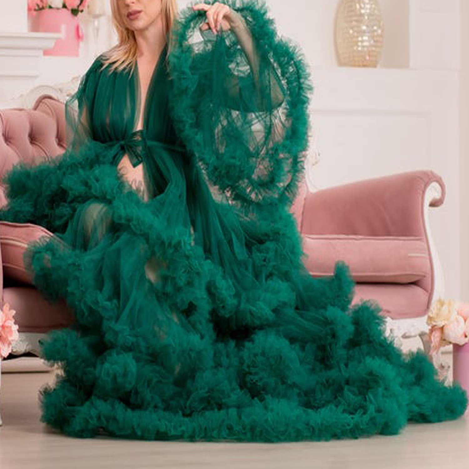 Elegant Long Tulle Robe Dress for Women - Soft Nightgown, Bathrobe & Sleepwear Gown - Perfect for Maternity Photoshoot, Bridal Shower, Boudoir & Special Occasions