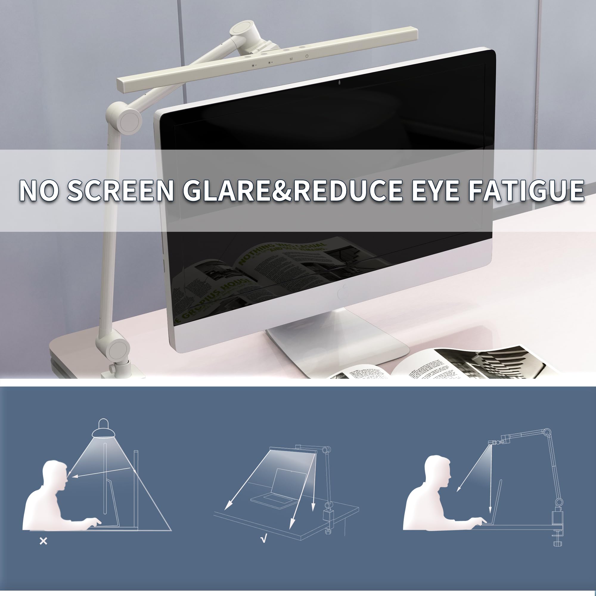 LED Desk Lamp with Clamp - Adjustable Monitor Light Bar for Eye Protection, Ultra HD Brightness, 4 Modes & 12 Brightness Levels - Perfect for Office, Study, Gaming, and Reading (White)