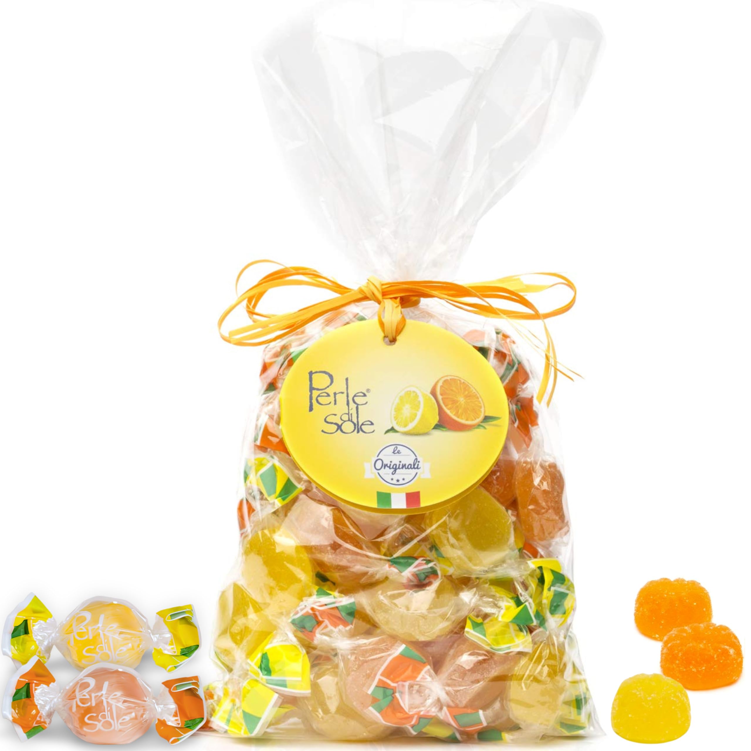 Perle di Sole Italian Fruit Jelly Candy - Orange & Lemon Soft Gummy Candy Individually Wrapped (12.35oz/350g) - Authentic Italian Gelee Treats for Parties, Gifts & Snacking