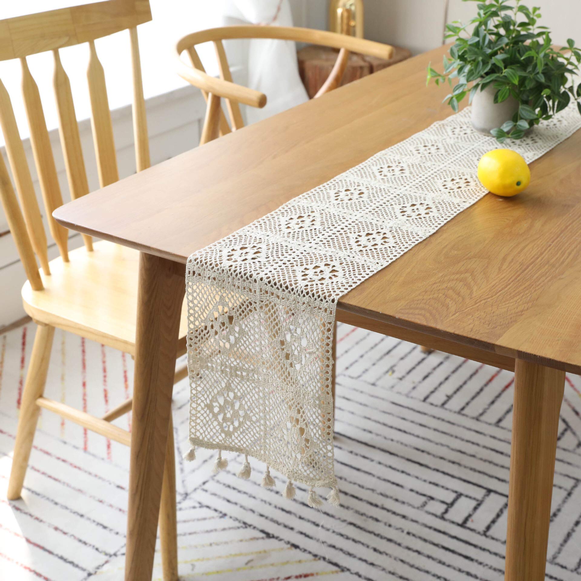Elegant Beige Crochet Lace Table Runner with Tassels - 24x180cm Wedding, Christmas & Home Decor - Perfect for Dining Tables, Coffee Tables and Bedside Decor