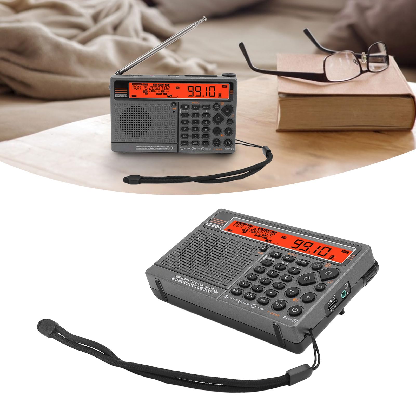 Portable Shortwave Radio HRD-757 - Multi Band AM/FM/SW/MW/AIR/VHF/UHF/WB Receiver with Bluetooth, 2500mAh Rechargeable Battery, SOS Alarm & Flashlight - Perfect for Emergency Preparedness, Outdoor Adventures, Travel & Camping (Orange)