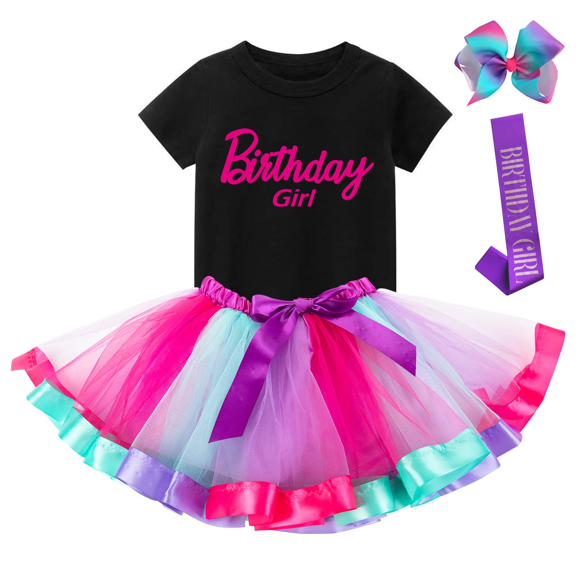 Pink Birthday Girl Outfit Set - Cute Tutu Skirt, Matching Shirt, Hair Bow & Satin Sash - Perfect for Girls Birthday Party, Photo Shoots & Special Celebrations