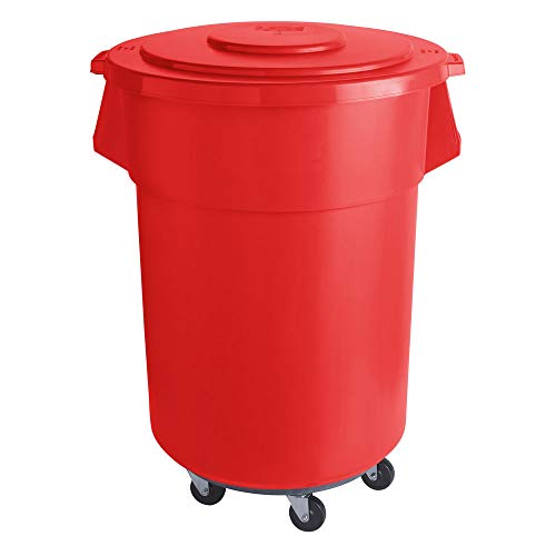 55 Gallon (220 Qt / 208L) Commercial Round Trash Can with Lid & Wheels - Heavy Duty Red Garbage Bin for Restaurant, Kitchen, Warehouse & Outdoor Use