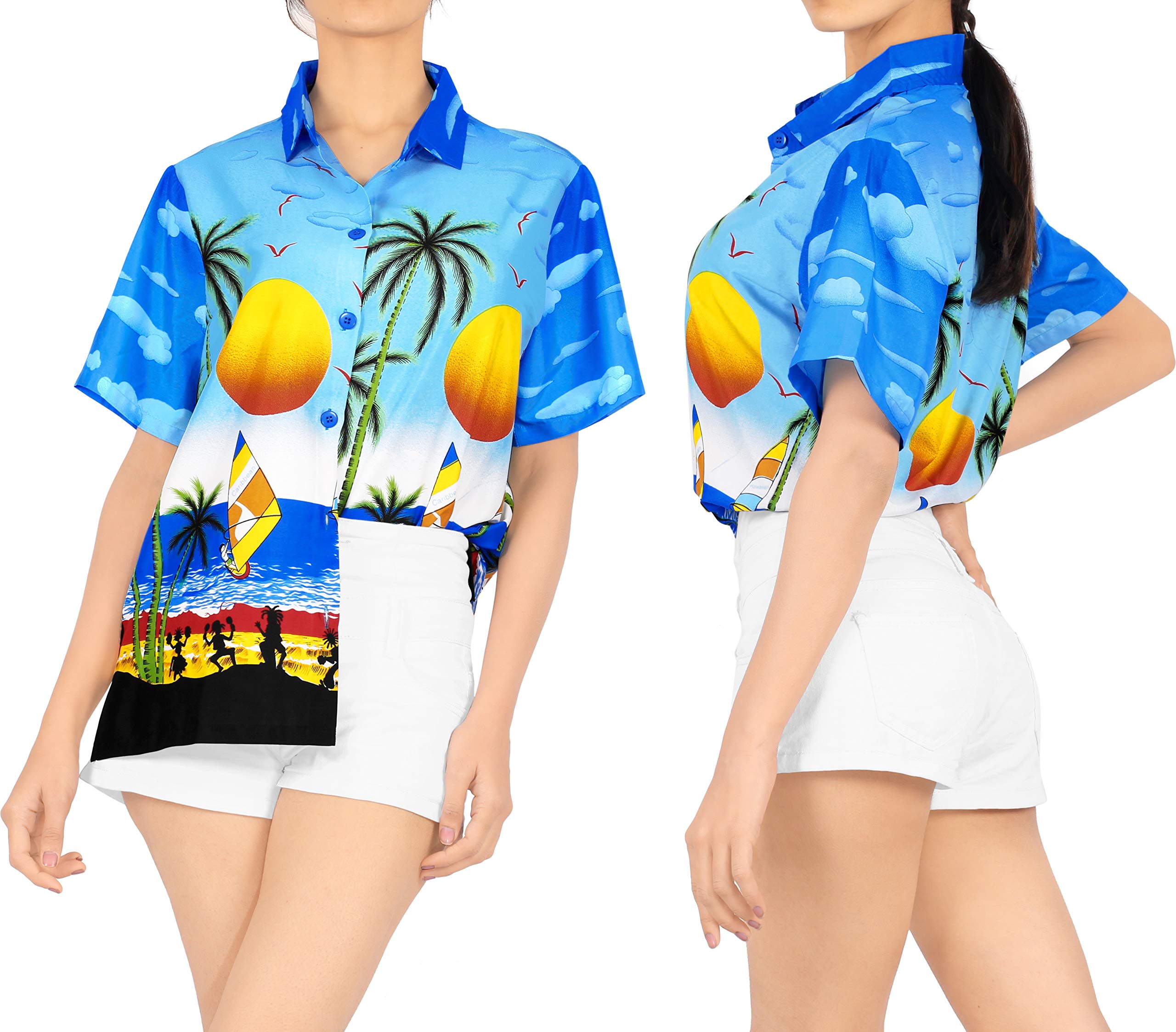 LA LEELA Women's Short Sleeve Hawaiian Beach Blouse - Floral Print Vacation Shirt for Summer, Pool Party & Tropical Getaways