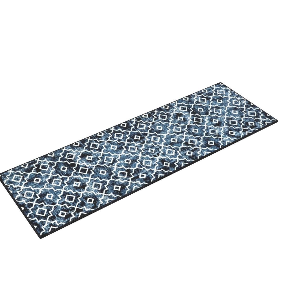 Wonnitar Moroccan Washable Runner Rug 2x6 - Non-Slip Blue Hallway Rug, Distressed Entryway Carpet with Modern Geometric Trellis Design - Perfect for Bathroom, Bedroom, Laundry Room & High-Traffic Areas (Post Blue, 2'x6')