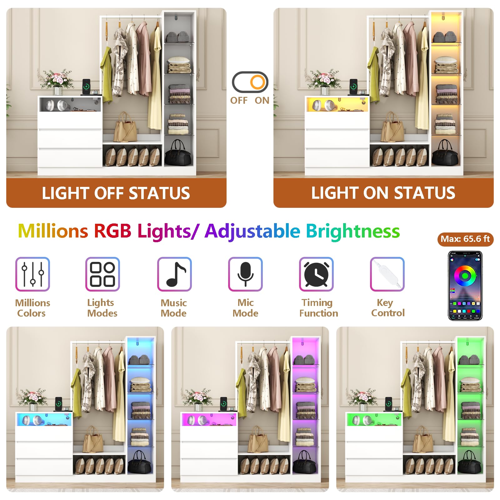 Large White Armoire Wardrobe Closet with Hanging Rod, 3 Drawers & Adjustable Shelves - Spacious Clothing Storage Cabinet with Built-in Charging Station & LED Lights - Perfect Bedroom Dresser & Closet Organizer for Home, Apartment or Dorm Room Storage Solutions