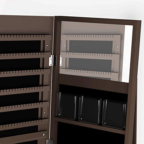 SogesPower 360° Rotatable Lockable Jewelry Cabinet with Dressing Mirror - Jewelry Armoire Organizer with Storage Shelf for Necklaces, Rings & Accessories - Perfect for Bedroom, Living Room & Entryway, Brown