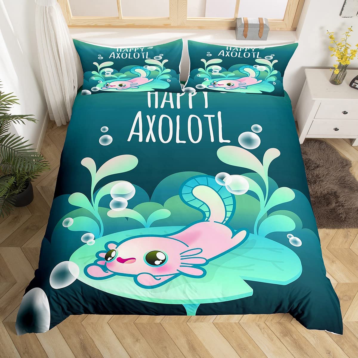 Jejeloiu 3D Cartoon Axolotl Duvet Cover Set - Kawaii Salamander Bedding for Kids, Teens & Adults | Twin Size Green Comforter Cover with Pillowcase | Perfect for Bedroom Decor, Gift & Animal Lovers