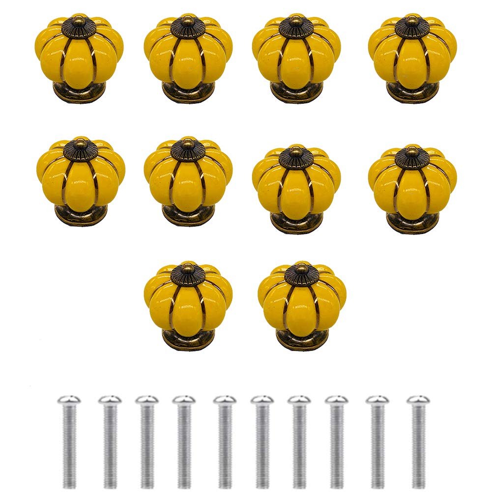 10Pcs Ceramic Cabinet Handles - Pumpkin Shape Drawer Knobs for Kitchen, Kids Room & Closets - Durable White & Yellow Pulls for Toy Organizers, Bookcases & Furniture DIY Projects - Perfect for Home Decor & Cabinet Upgrades