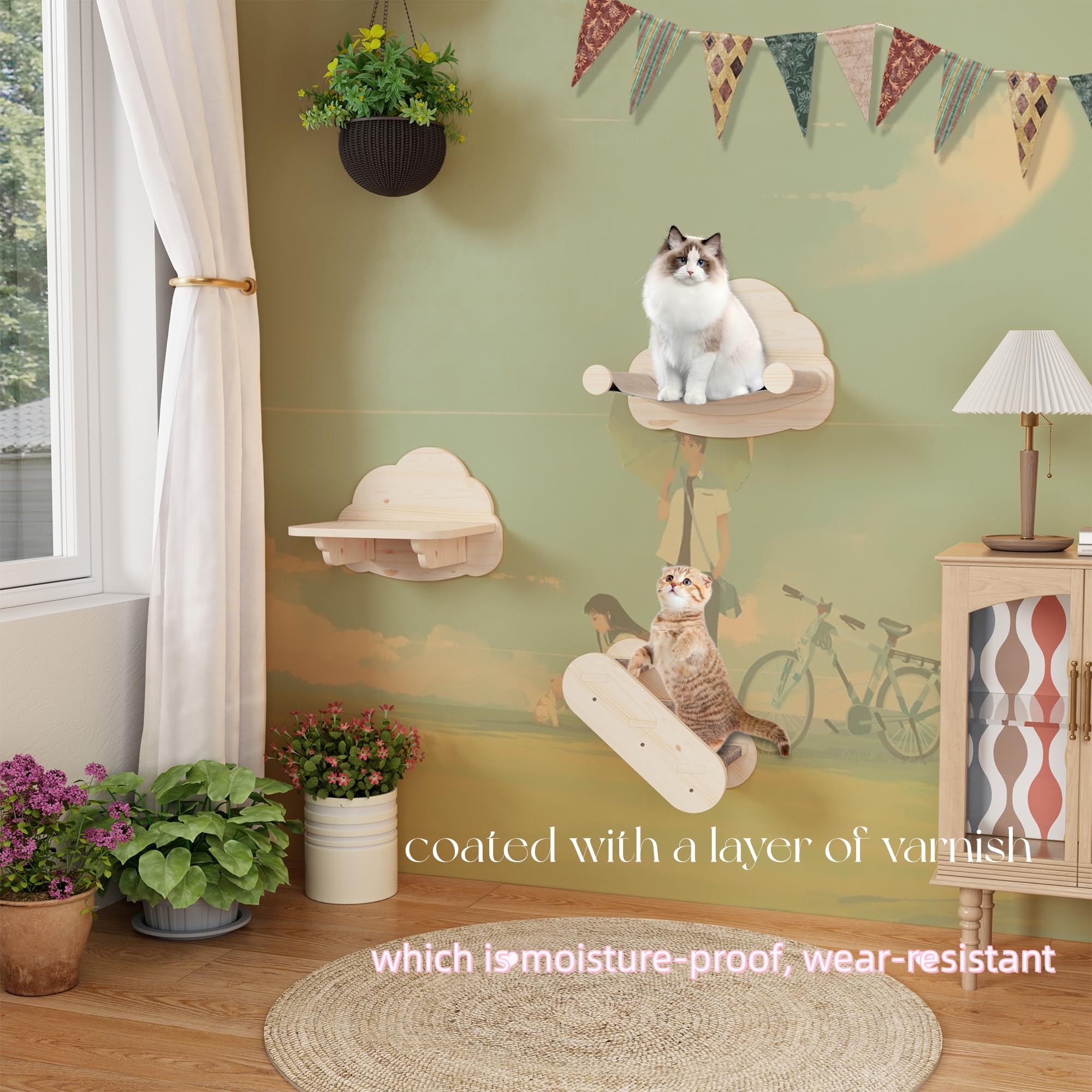 Wall Mounted Cat Furniture Set - 3PCS Solid Wood Shelves & Perches for Climbing & Lounging