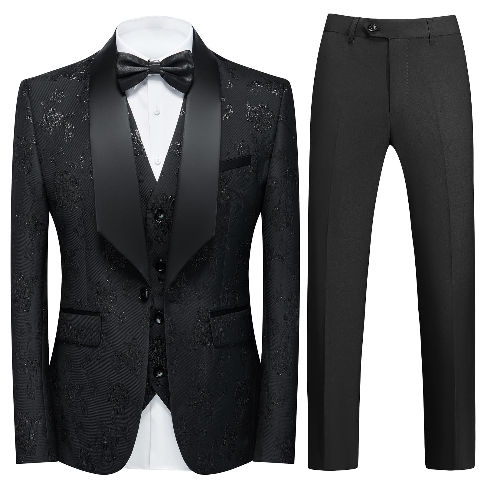 **Men's 3-Piece Tuxedo Suit Set - Regular Fit Floral Pattern Blazer, Waistcoat & Pants | Formal Wear for Weddings, Prom & Special Occasions**