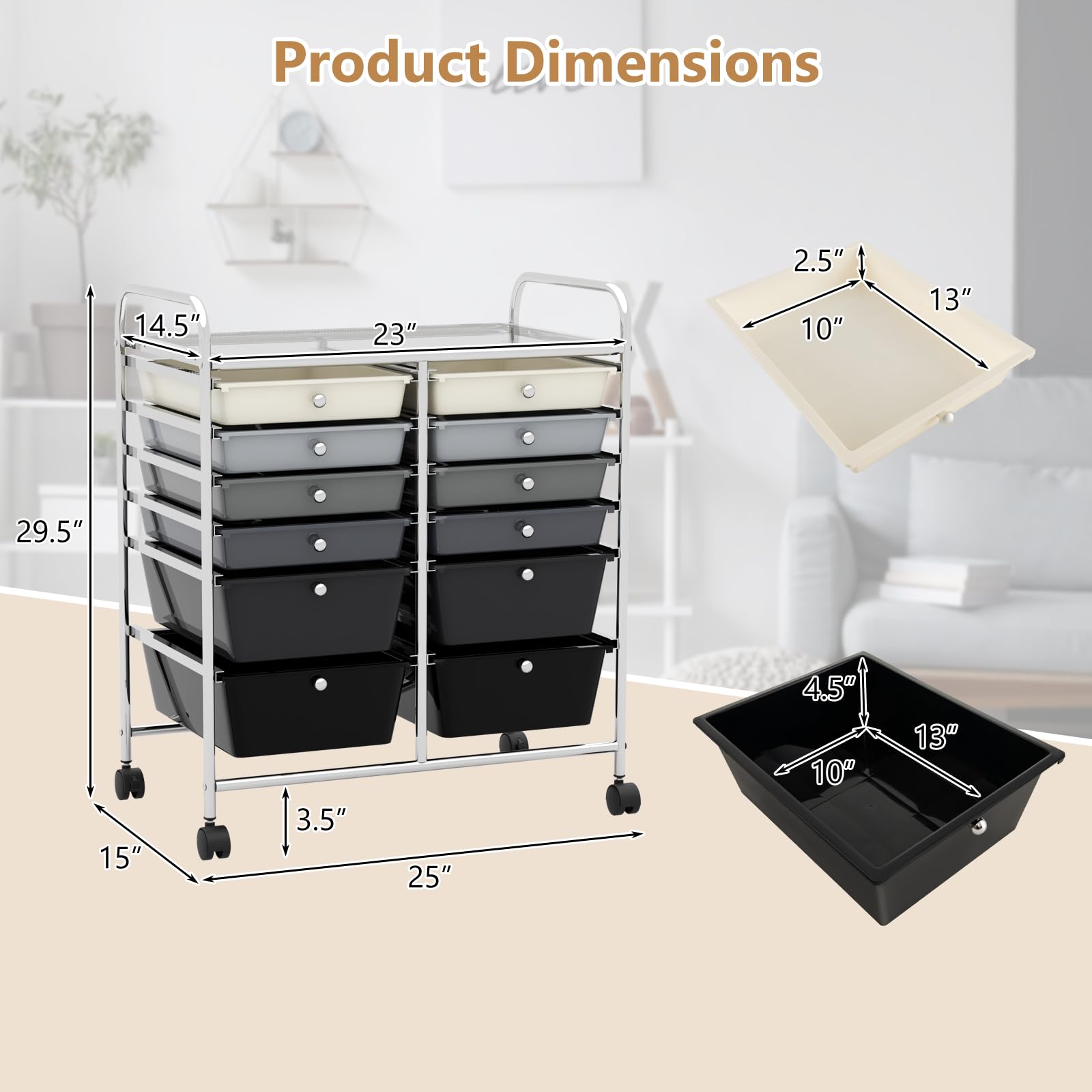 Happygrill 12-Drawer Rolling Storage Cart with Wheels - Multipurpose Organizer for Home, Office & School - Black Gradient Utility Cart - Perfect for Craft Supplies, Office Organization & Classroom Storage