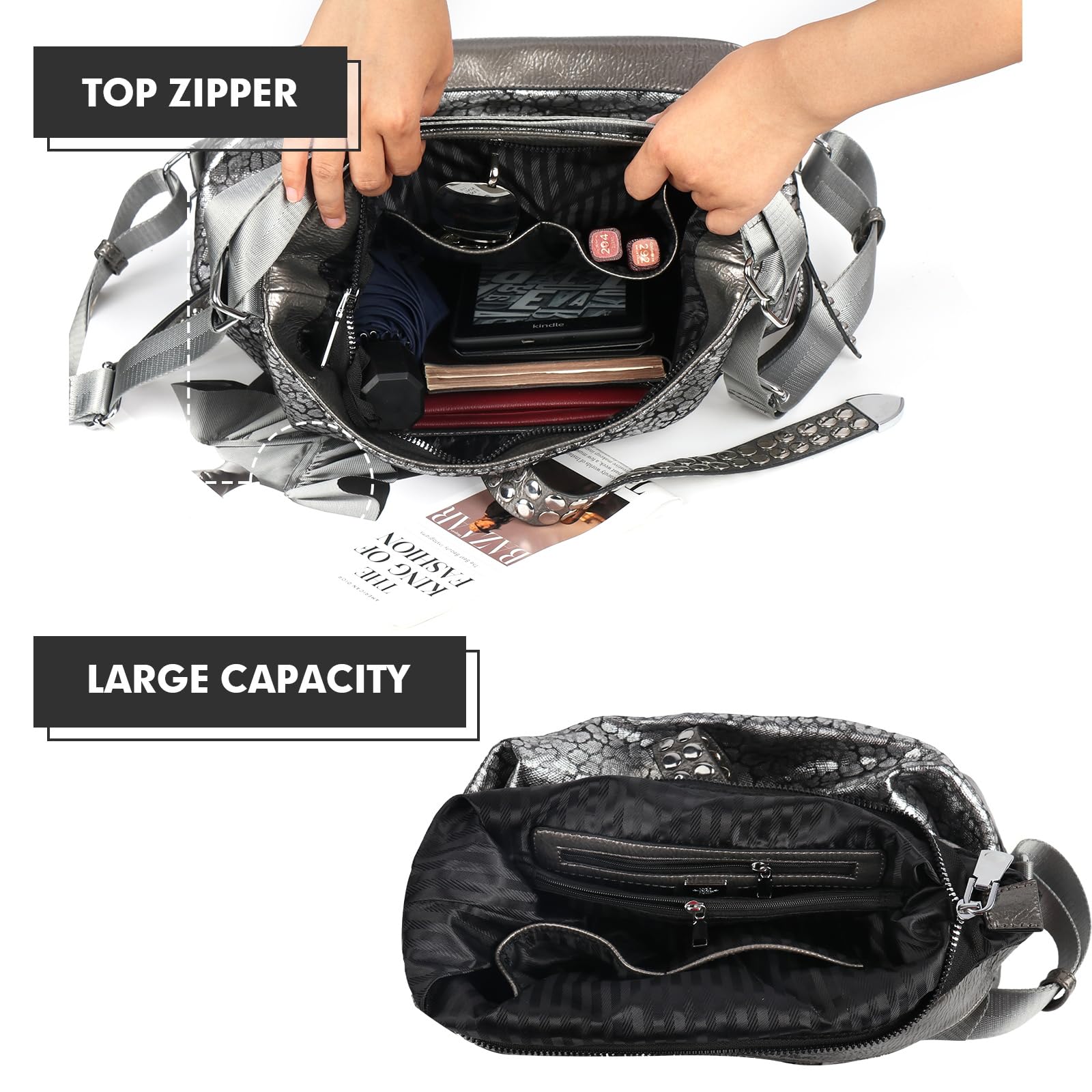 Stylish Hobo Bags for Women - Large Leather Shoulder Tote Purse with Zipper | Trendy Shiny Handbag for Work, Travel & Everyday Use