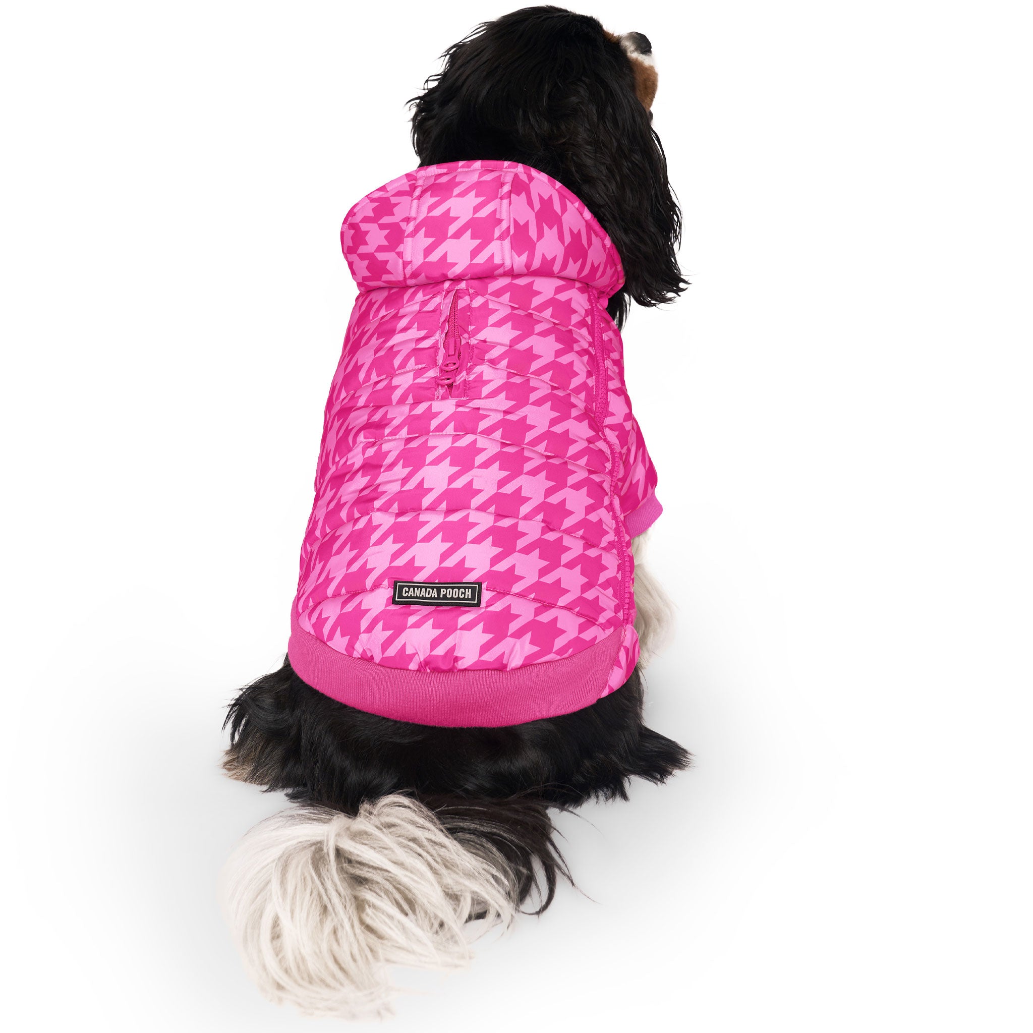 Canada Pooch Prism Puffer Dog Coat - Pink Houndstooth Pattern, Waterproof & Reflective for Small to Large Dogs - Perfect for Winter Walks & Outdoor Adventures