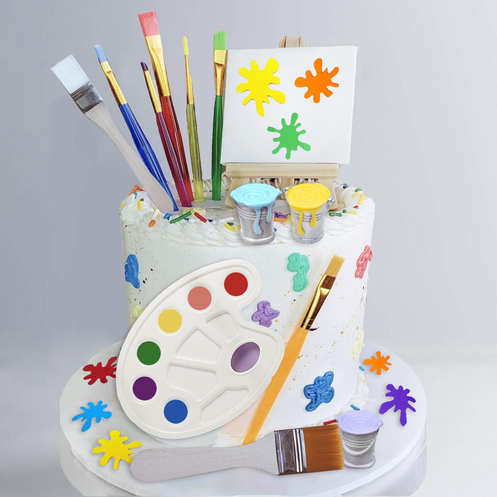 26 Pcs Art Cake Topper Set - Paint Cake Decorations with Paint Pen, Brush, Palette & Bucket for Kids Birthday, Baby Shower & Art Themed Parties - Perfect for DIY Cake Decorating and Creative Dessert Displays