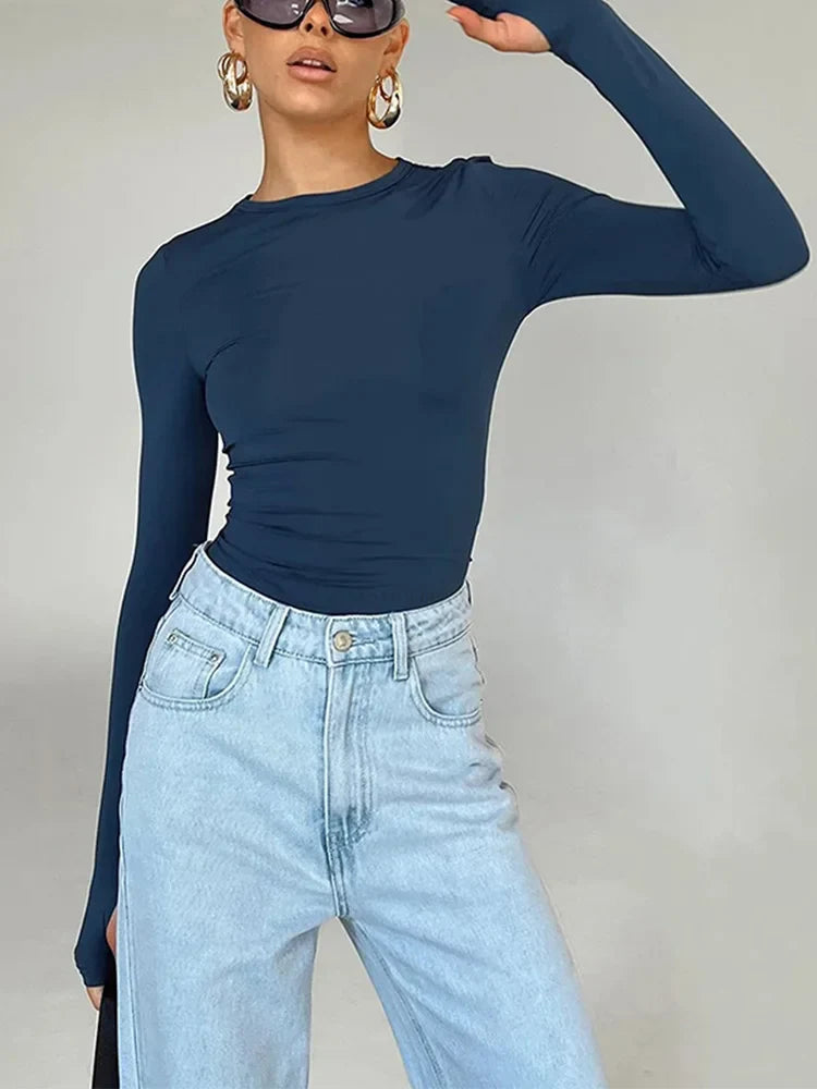 Stylish Women's Long Sleeve Crew Neck Slim Fit Crop Top with Thumb Holes - Solid Color Casual Streetwear T-Shirt for Summer | Perfect for Daily Wear, Gym, Yoga & Outdoor Activities
