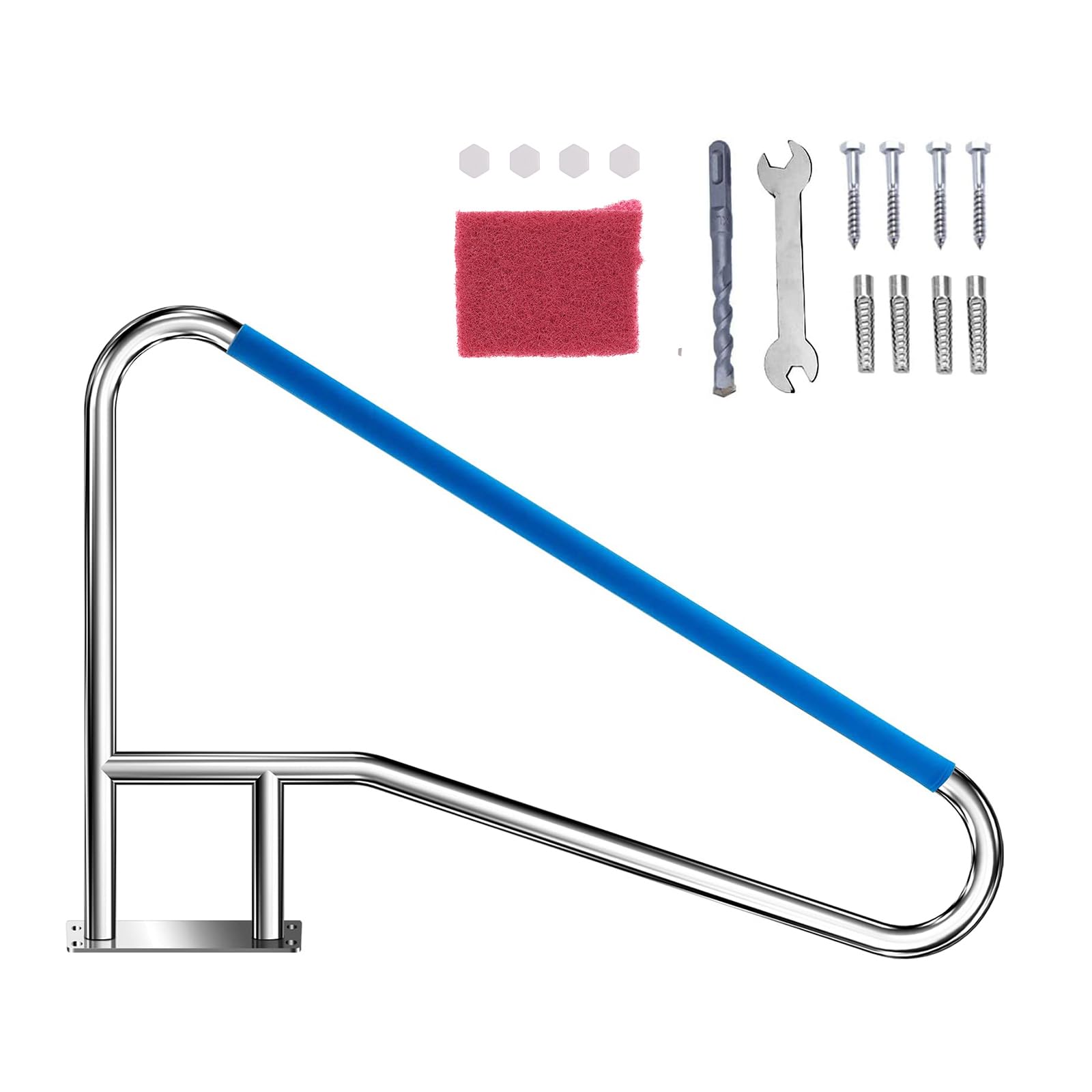 54 x 36 Inch 304 Stainless Steel Swimming Pool Handrail - Rustproof Inground Pool Stair Rail with Blue Non-Slip Grip Cover - Perfect for Pool Safety and Easy Entry/Exit