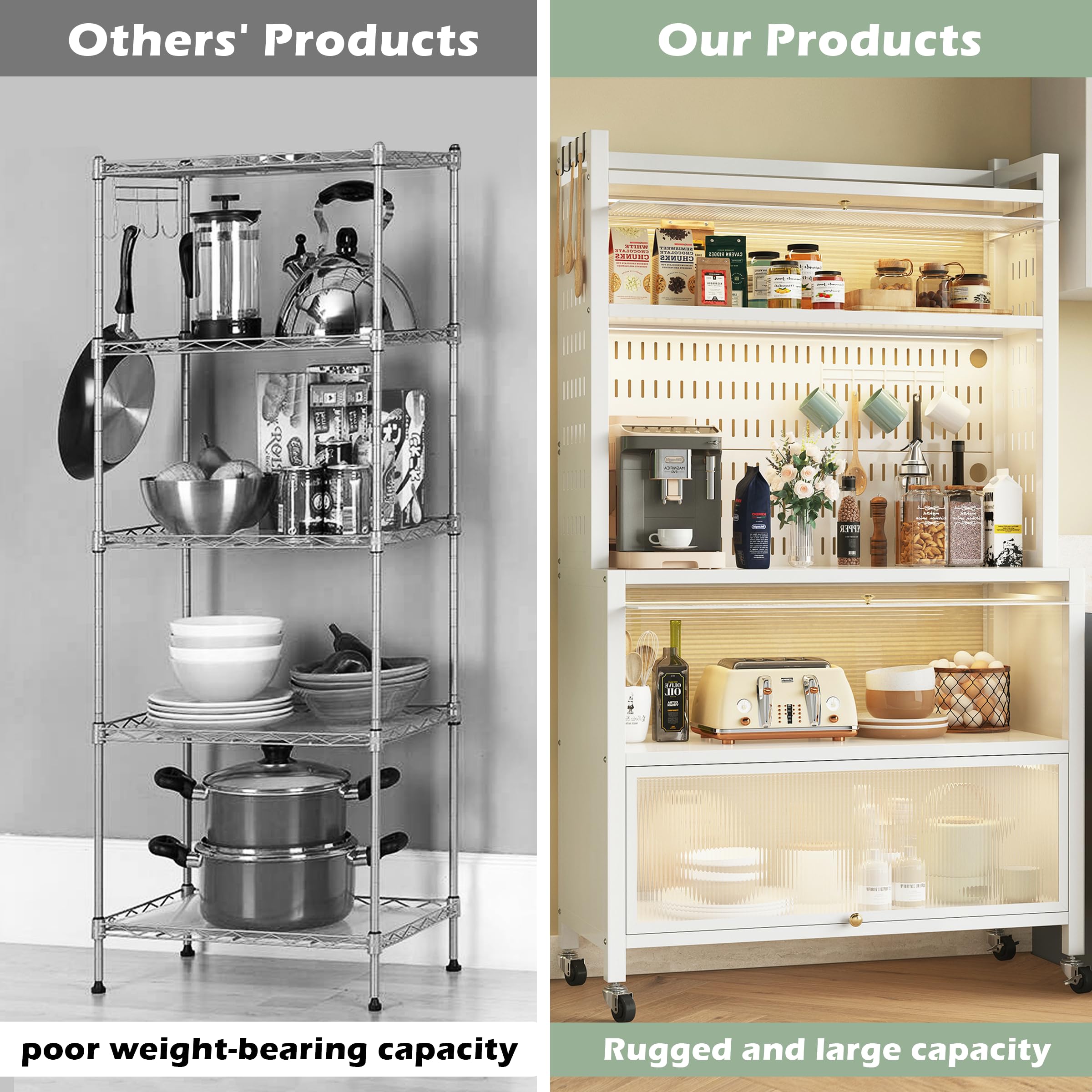 COVAODQ 5-Tier Kitchen Baker's Rack with Flip Door Cabinet & Pegboard Accessories - Microwave Stand for Garage, Pantry & Home Kitchen Organization - Perfect for Small Spaces, Baking Storage & Appliance Placement