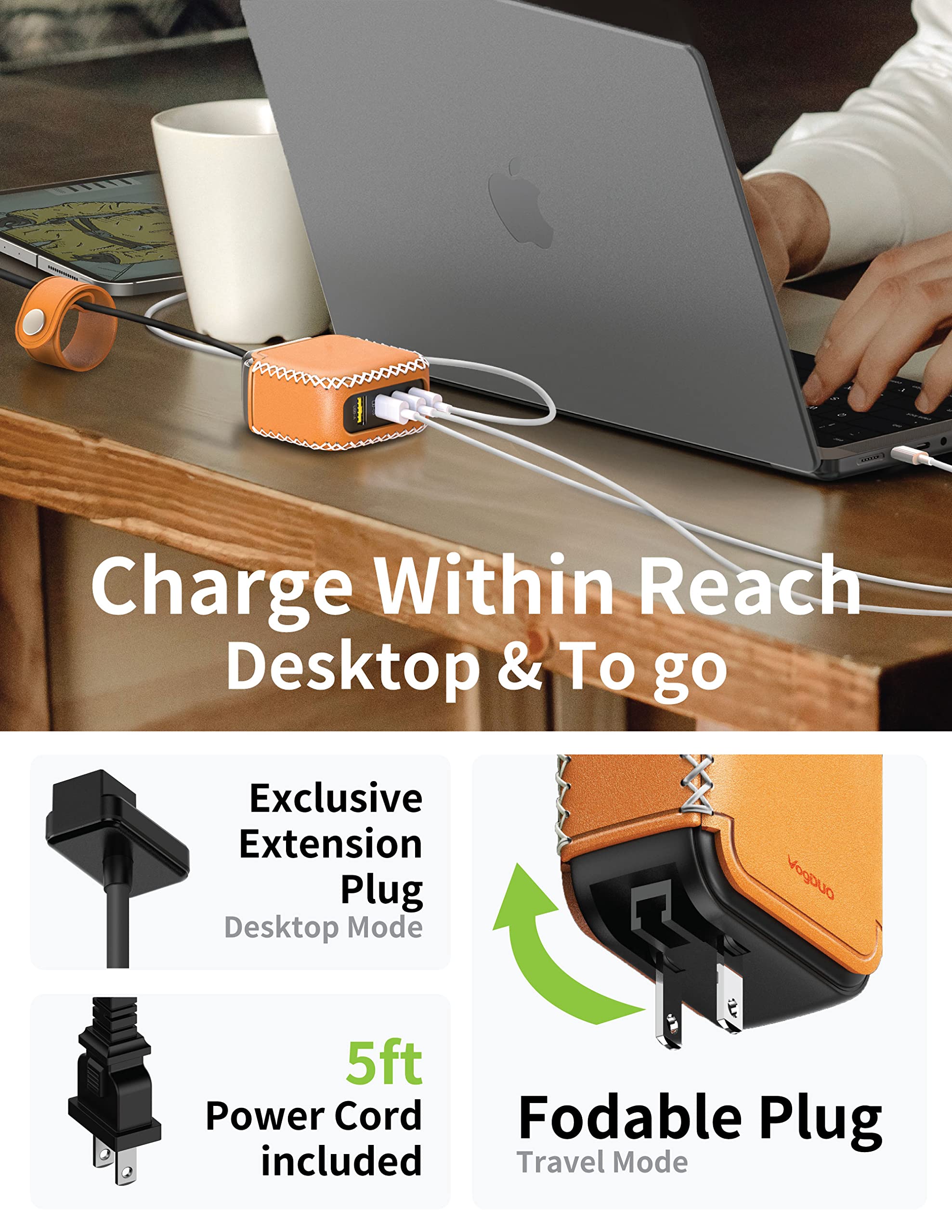 100W GaN PD Fast Charging Power Adapter with 4 USB C Ports & Foldable Plug - 5ft Leather Extension Cable for MacBook Air, iPad Pro, iPhone - Perfect for Home, Office & Travel (Tan/Brown)