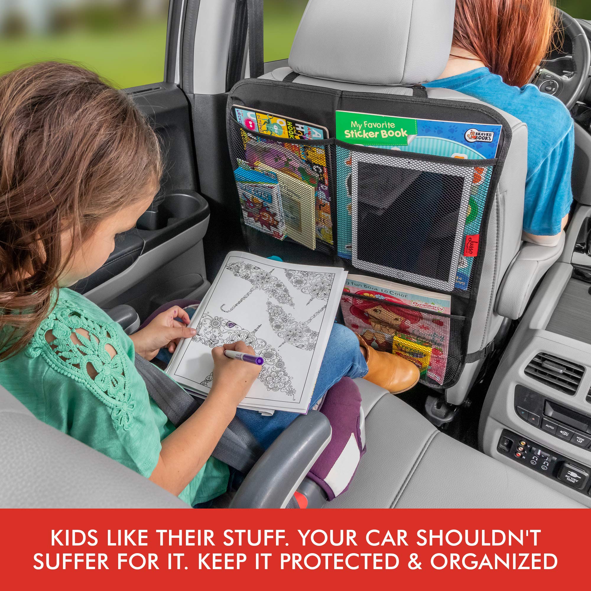 Premium Waterproof Car Seat Kick Mats (2 Pack) - Durable Back Protectors with Reinforced Corners & 4 Mesh Storage Pockets for Kids - Tan - Perfect for Road Trips, School Runs & Family Travel