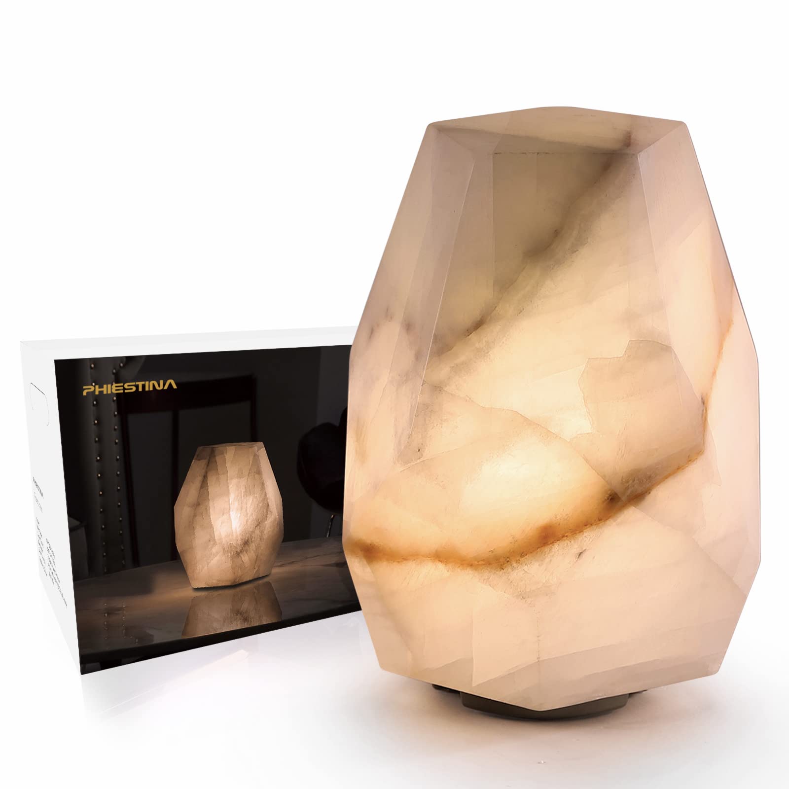 Phiestina Handcrafted Calcite Table Lamp - Unique Crystal Pattern, Dimmable Warm LED Bedside Light for Living Room & Bedroom - One-of-a-Kind Pentagon Color Decor | Perfect for Cozy Nights, Meditation Spaces & Home Office Ambiance