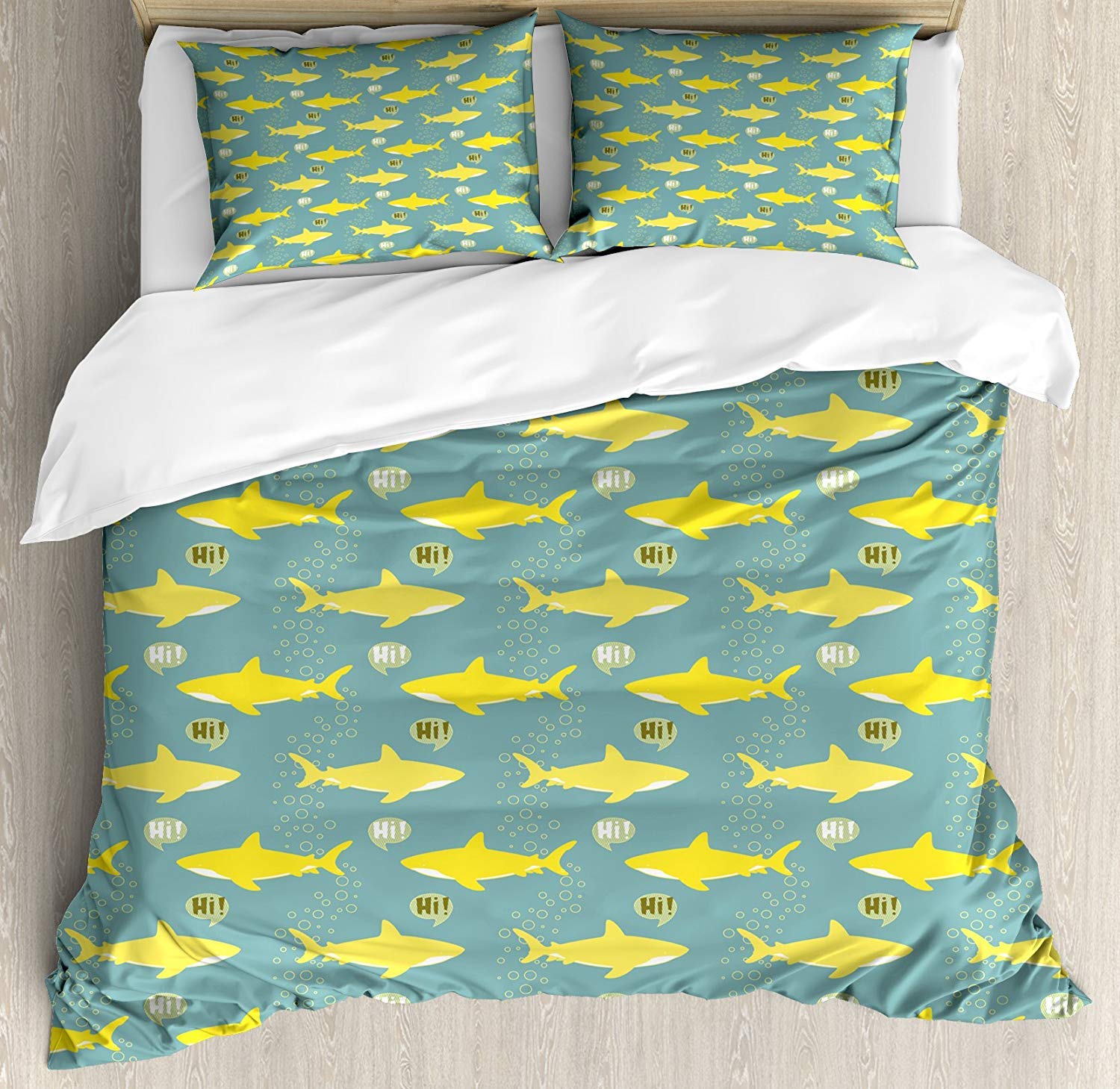 3 Piece Queen Size Shark Bedding Set - Yellow Silhouette Duvet Cover with 2 Pillow Shams | Friendly Fish Design for Kids & Teens Bedroom | Soft & Comfortable Shark Theme Bed Set for Boys Girls Room Decor
