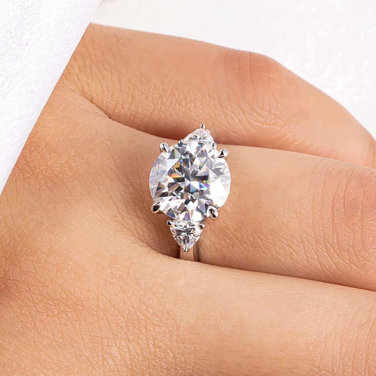 AnuClub 3 Stone Moissanite Engagement Ring - D Color VVS1 Round/Emerald/Marquise Cut 925 Sterling Silver Wedding Promise Ring for Women | Anniversary Gift, Proposal, Bridal Jewelry