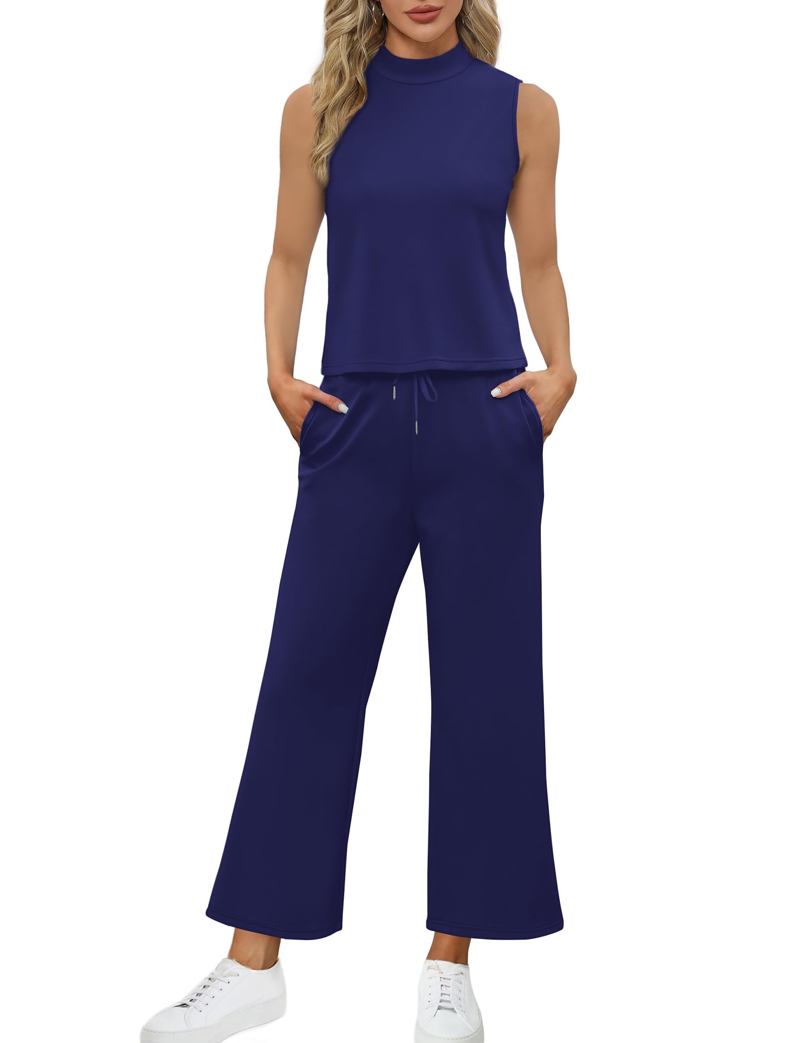 Stylish SAMPEEL Women's Two Piece Sets - Summer Lounge Outfits with Mock Neck Tops & Wide Leg Crop Pants | Perfect for Vacation, Travel & Casual Wear