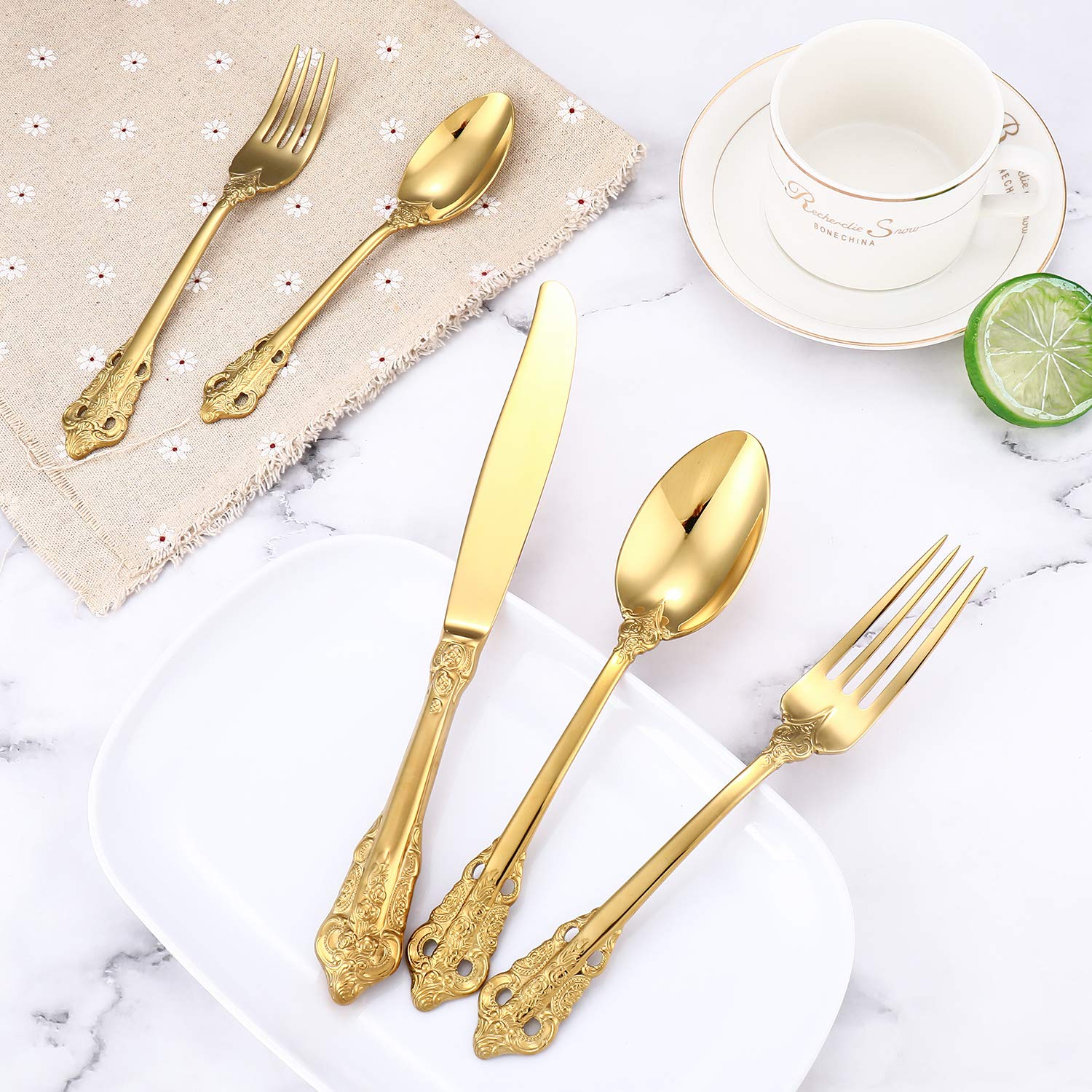 Premium 5-Piece Gold Flatware Set - 18/10 Heavy Duty Stainless Steel Cutlery (Knife, Fork, Spoon) - Mirror Polished & Dishwasher Safe - Elegant Dining Utensils for Everyday Meals, Dinner Parties & Wedding Gifts