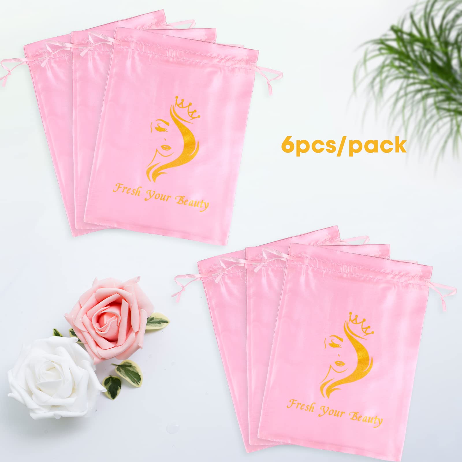 6PCS Satin Wig Storage Bags with Drawstring - Premium Silk Hair Extension Organizer for Wigs, Bundles & Weaves (Pink) - Perfect for Travel, Salon Storage & Hair Care Organization