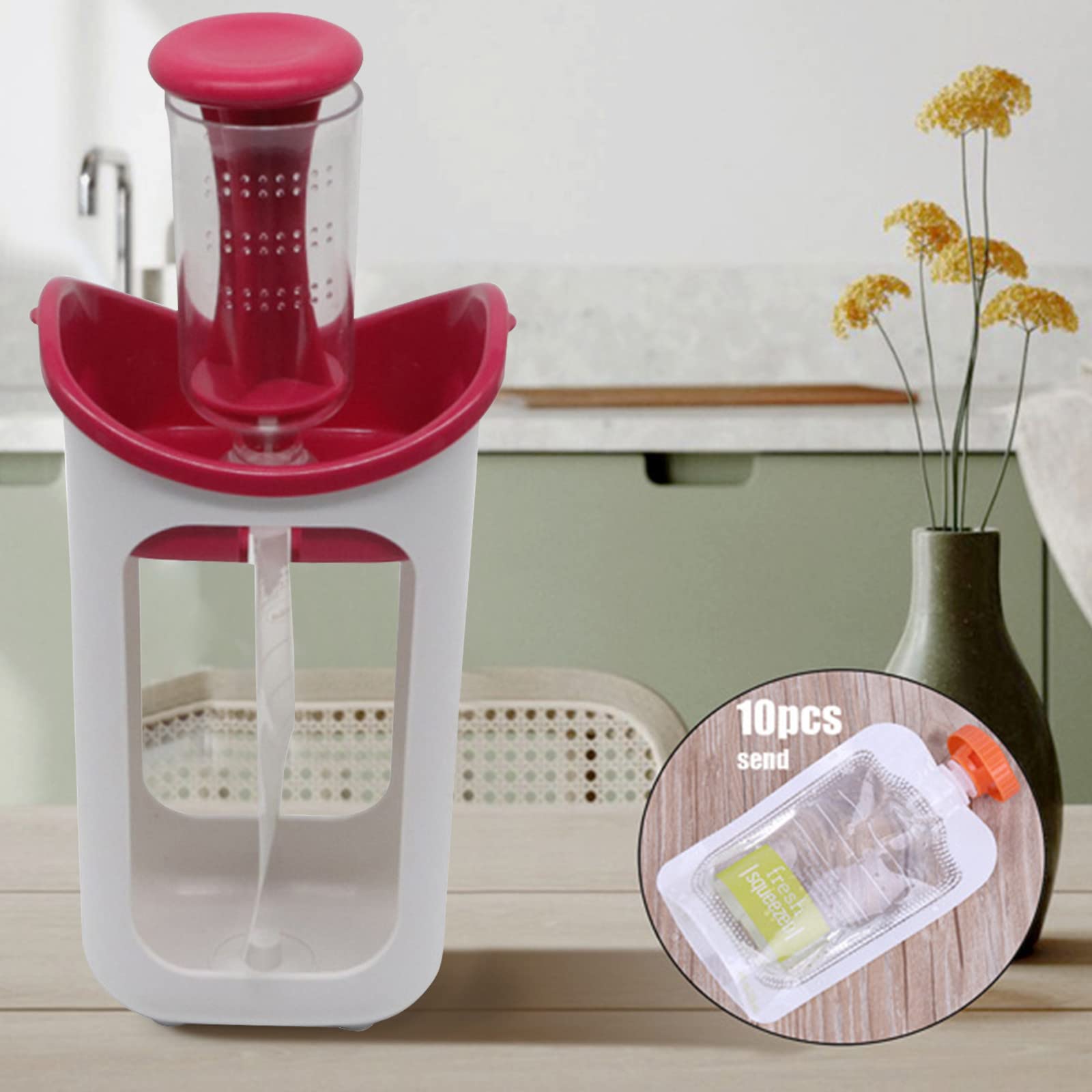 **10PCS Reusable Baby Food Pouch Maker - Fresh Fruit Juice & Puree Squeezer with Storage Bags - Portable Baby Food Processor for Homemade Snacks & On-the-Go Feeding (Red)**    *Perfect for making healthy homemade baby food, storing snacks, and convenient feeding at home or outdoors.*