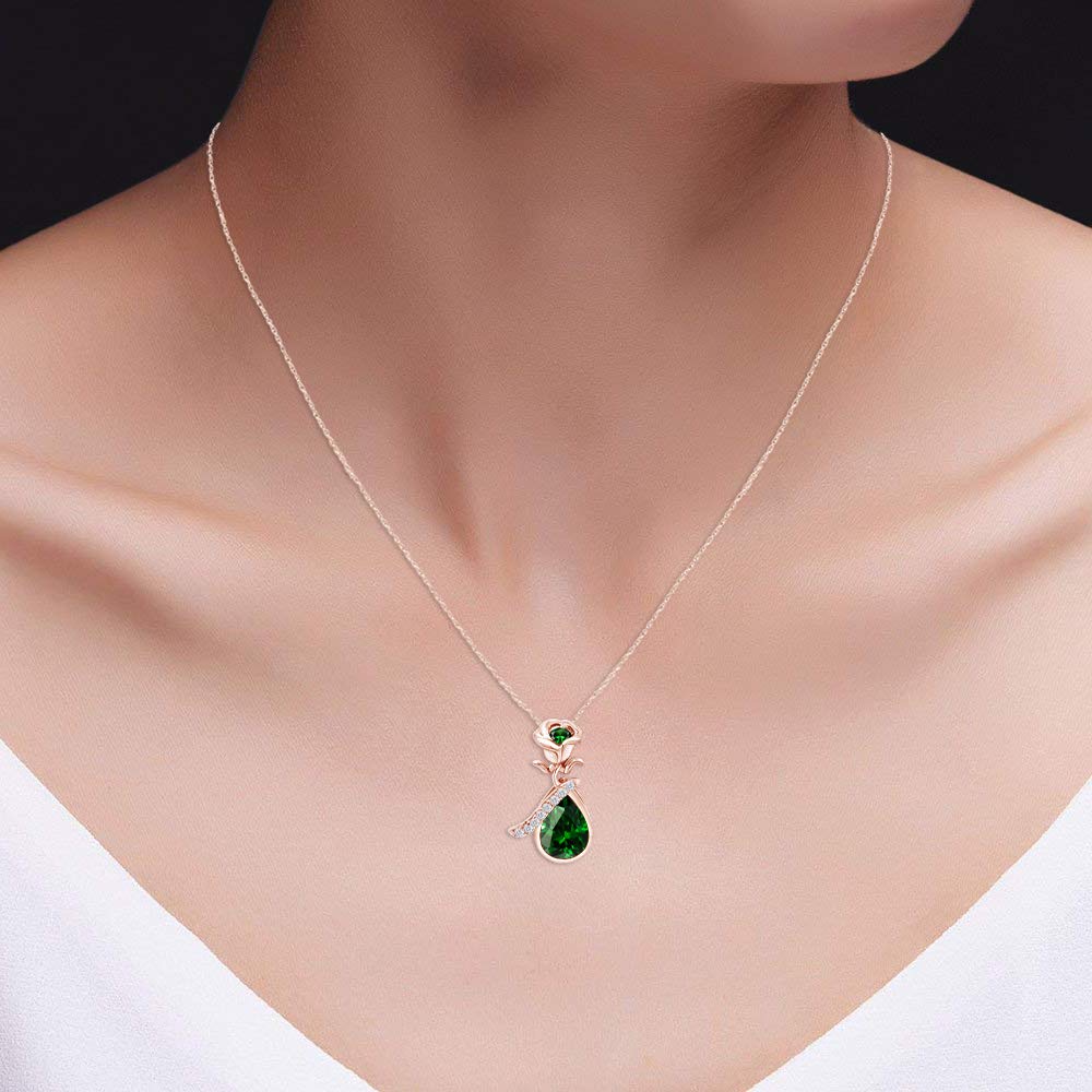 14K Rose Gold Over Sterling Silver Simulated Birthstone Teardrop Pendant Necklace with Floral Bezel Setting - Elegant Jewelry Gift for Women, Mothers, Wives (Perfect for Anniversaries, Birthdays & Valentine's Day)