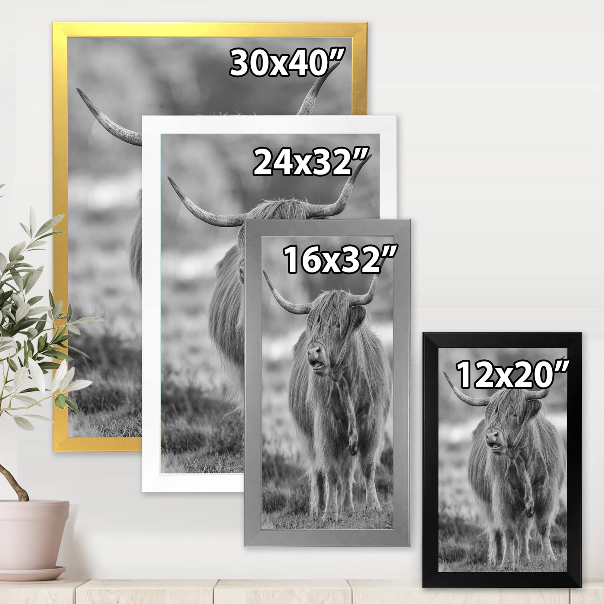 DesignQ Bull Farmhouse Framed Wall Art - Rustic Country Home Decor for Living Room, Bedroom & Office - Close Up View of Animal Portrait Painting