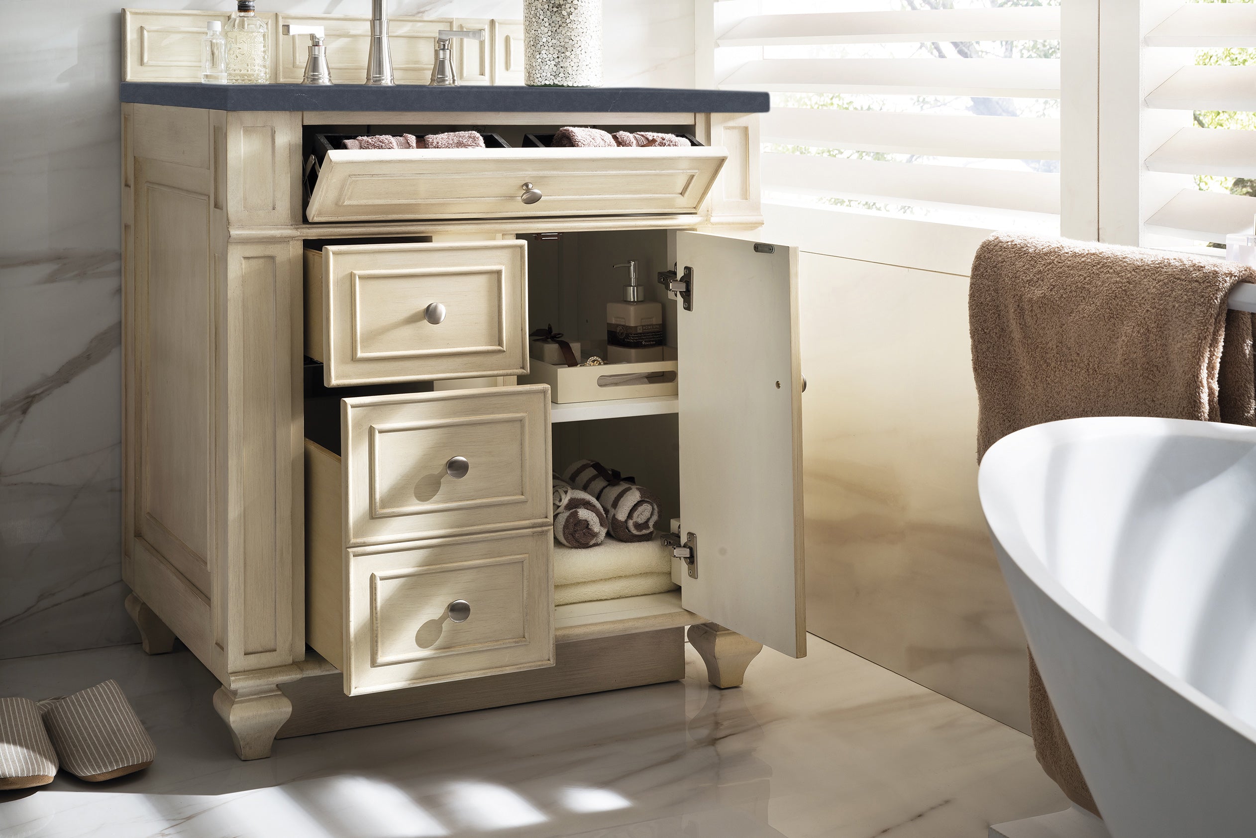 Bristol 30-Inch Single Bathroom Vanity Set with Vintage Vanilla Finish & 3CM Charcoal Soapstone Quartz Countertop - Perfect for Small Bathrooms, Powder Rooms & Modern Home Renovations