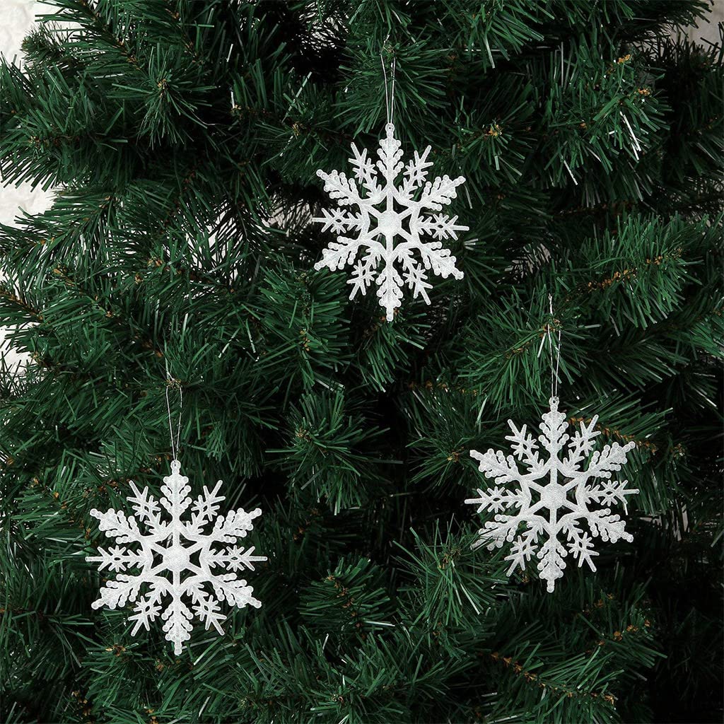 4 Inch Christmas Glitter Snowflake Ornaments - 12 Pack White Plastic Snowflake Decorations for Xmas Tree, Wedding, Party & Home Decor - Perfect for Holiday Decorating, Gift Wrapping & Festive DIY Projects