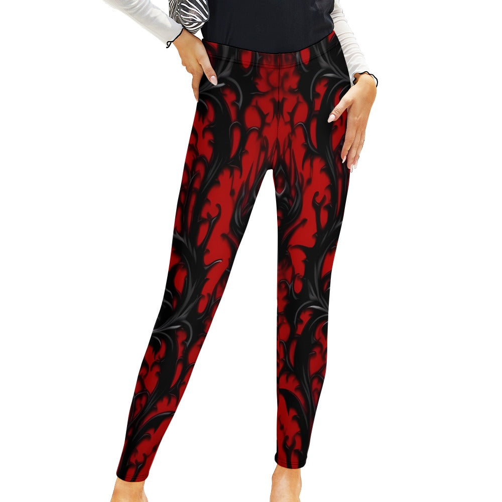 Gothic Red and Black Leggings for Women - Stretchy High Waist Yoga Pants - Perfect for Halloween, Cosplay, and Gothic Fashion